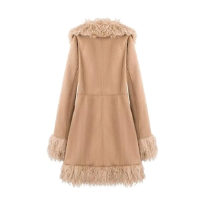 Women's camel trench coat with stylish faux fur trim on collar and cuffs, back view