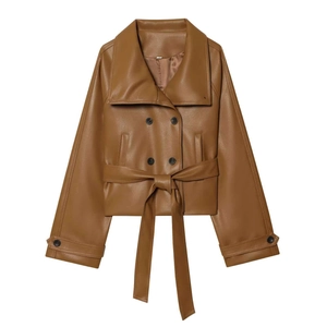 Veste courte en similicuir à double boutonnage pour femme avec ceinture marron caramel