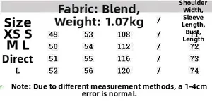 Detailed size chart for autumn wool blend jacket including bust, shoulder and sleeve lengths