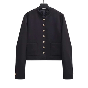 Women Elegant Black Stand Collar Jacket Vintage Short Blazer Gold Lion Button Long Sleeve Structured Outwear Casual Coat