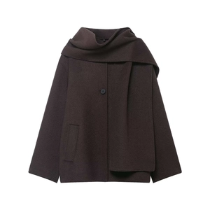 Short coffee wool coat featuring a stylish scarf collar and single-button closure