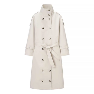 Women Elegant Double Breasted Trench Coat Long Windbreaker With Belt Stand Collar Solid Color Autumn Fashion Outerwear