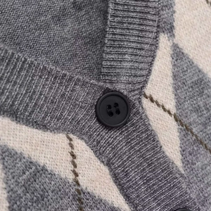 Classic argyle knit cardigan in grey and brown with premium ribbed edges and black buttons