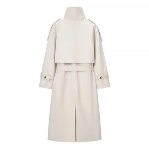 Back view of beige double-breasted trench coat with high collar and waist belt