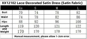 Detailed size chart for the halter neck satin dress with lace trim from XS to L