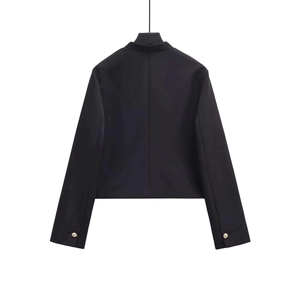 Classic black women's jacket featuring decorative gold buttons on cuffs and a structured back
