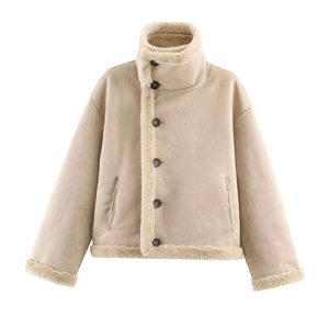 Dames Imitatiesuède Jas Met Imitatielamswol Voering Opstaande Kraag Knoopsluiting Vintage Oversized Warme Winter Mantel