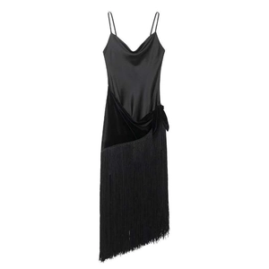 Women's Black Satin Cowl Neck Fringe Dress Asymmetric Tassel Hem Velvet Bow Adjustable Strap Sexy Party Night Out Dress
