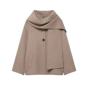 Short wool coat in light khaki with scarf-collar design and a single black button