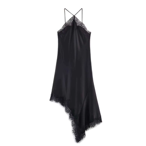 Women Sexy Black Satin Halter Maxi Dress With Eyelash Lace Trim Asymmetric Hem Elegant Backless Summer Party Long Dress