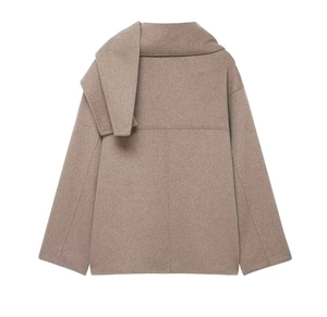 Detail view of khaki wool coat back featuring a unique scarf-style collar design