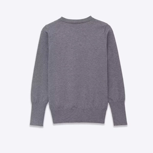 Classic mid-grey long sleeve knit sweater for women with ribbed cuffs and crew neck back view