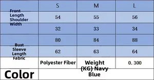 Size chart table for navy long sleeve knit top with measurements in centimeters