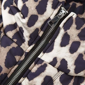 Women's leopard print quilted jacket with high-quality silver metal zipper closure