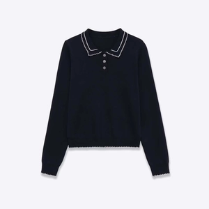 Women Navy Blue Scalloped Edge Knit Sweater Contrast Trim Long Sleeve Polo Collar Button Pullover Casual Soft Knitwear Top