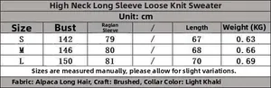 Detailed size chart for oatmeal oversized turtleneck knit sweater with alpaca wool blend
