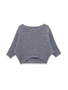 Detailed close-up of dark grey basket-weave knit sweater with thick textured patterns