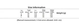 Detailed size chart for long leather coat showing shoulder, bust, and sleeve measurements