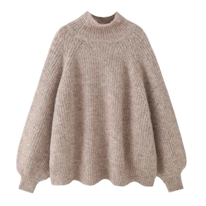 Women Casual Oatmeal Loose Mock Neck Sweater Long Puff Sleeve Soft Brushed Alpaca Knit Pullover Top For Autumn Winter