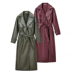 Women Fashion Long Faux Leather Trench Coat Wine Red Olive Green Lapel Slim Waist Belt Casual PU Leather Jacket Coat