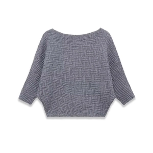 Chic grey geometric knit sweater with boat neck and batwing sleeves on white background