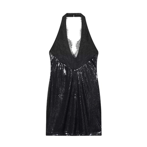 Robe Mini Sexy Femme Dos Nu Paillettes Dentelle Col en V Profond Sans Manches Coupe Cintrée Soirée Banquet Élégant