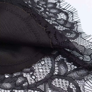 Macro shot of black floral eyelash lace detailing with silk inner lining texture