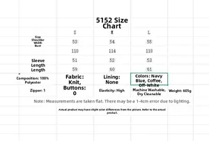 Size chart for vintage jacquard zip sweater with detailed measurements in centimeters