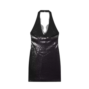 Mini-robe à paillettes dos nu avec dentelle noire et coupe ajustée pour femmes