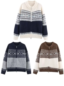 Detailed knit texture of vintage jacquard cardigans with nordic geometric patterns