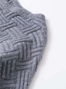 Close-up of gray knit fabric showing intricate 3D basketweave texture and thick texture