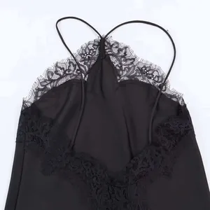 Black halter neck dress with eyelash lace trim and silky satin fabric finish