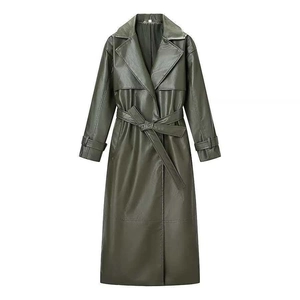 Deep dark green long faux leather coat with classic lapels and waist tie belt