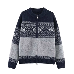 Retro Nordic jacquard zip-up knit cardigan in navy blue and grey colorblock style