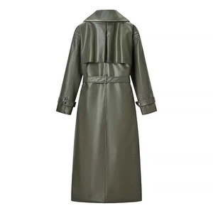 Olive green long leather coat with adjustable waist belt and wind flap back view