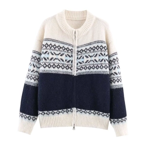 Vintage jacquard zip-up cardigan with Nordic geometric patterns in cream and navy blue
