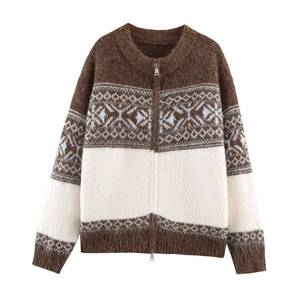 Women's vintage Fair Isle knit cardigan with zipper and snowflake jacquard pattern