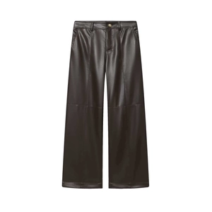 Pantalon Large en Similicuir à Taille Haute pour Femmes Vintage Brun Foncé Coupe Droite en Cuir PU Décontracté