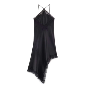 Elegant black satin halter midi dress with lace trim and asymmetrical hemline