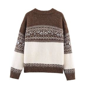 Detail of Nordic jacquard knit sweater featuring brown and blue geometric patterns and ribbing