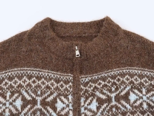 Detail of vintage Fair Isle knit texture and sturdy metal zipper on a wool cardigan