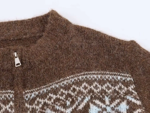 Detail of vintage brown jacquard knit sweater with zipper and Fair Isle pattern