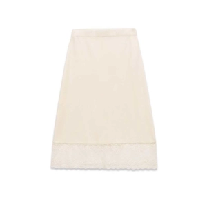 Elegant beige satin half slip skirt for women with floral lace hem and elastic waist