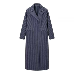 Women Double Breasted Long Striped Woolen Coat Casual Lapel Pinstripe Extra Long Overcoat Autumn Winter Fashion Outerwear
