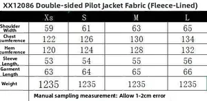 Size chart showing measurements for the double-sided bomber jacket from XS to L