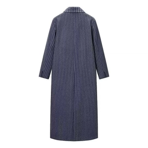 Classic dark blue striped wool coat for women featuring a long-sleeve straight H-cut design