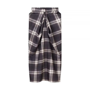 Women's plaid midi skirt in grey featuring an elegant draped pleat and crossed waist design