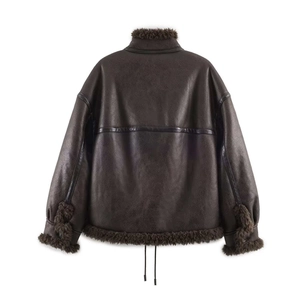 Short brown faux leather aviator jacket for women with fur lining and stand collar