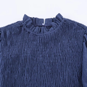 Navy blue ruffled high neck shirt with vertical pleats and back button closure
