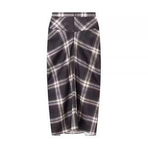 Classic British style high-waisted plaid midi skirt with back zipper and neutral tones
